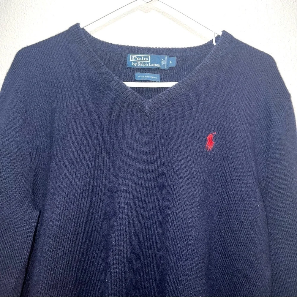 Polo by Ralph Lauren Blue V-Neck Lambs Wool Sweater